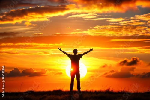 Wallpaper Mural Vibrant orange hues paint the sky as the sun sets behind a lone figure's outstretched hands, conveying a sense of longing and halfhearted acceptance. Torontodigital.ca