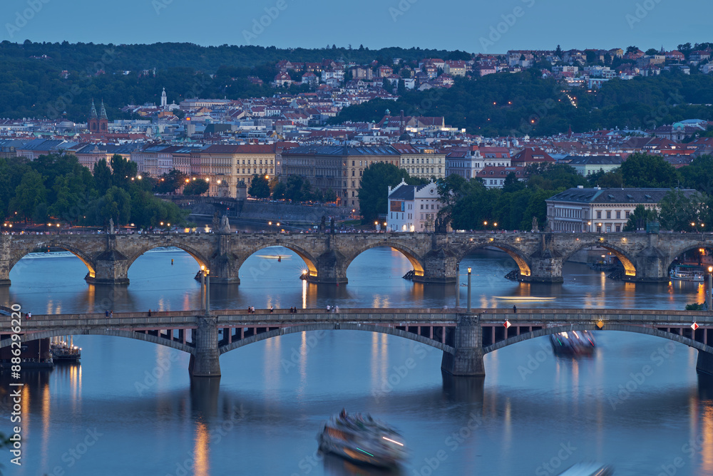 Obraz premium Aerial cityscape evening view of Prague, capital city of Czech Republic, view from Letna park