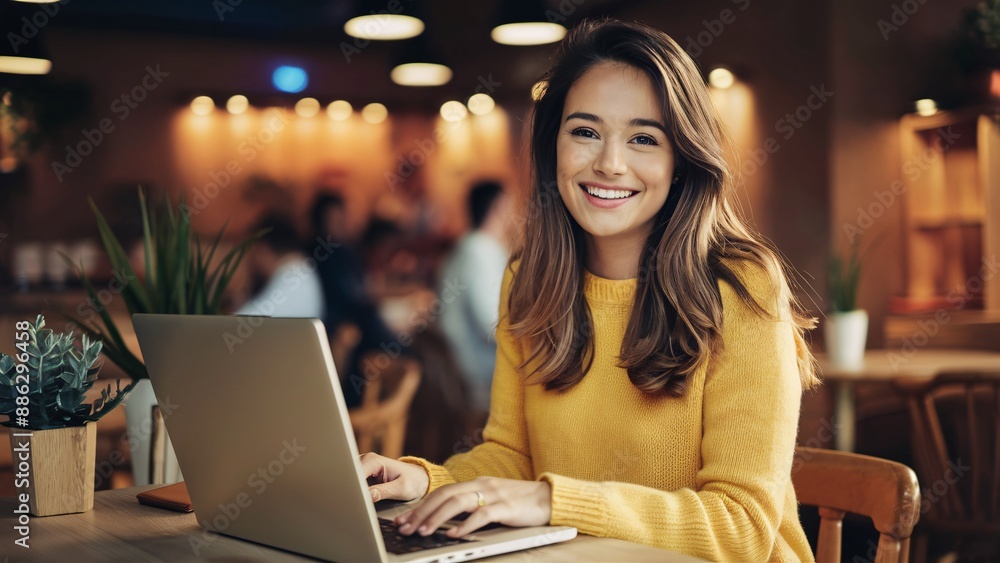 A young woman is sitting at a table in a coffee shop. She has her laptop open and is smiling at the camera.
A young woman is sitting at a table in a coffee shop. She has her laptop open and is smiling at the camera.