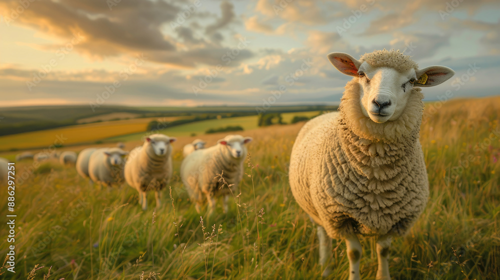Fototapeta premium A group of sheep standing in a green field looking at the camera.