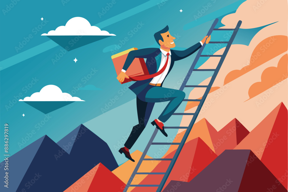 Determined Businessman Climbing Challenging Ladder to Achieve Success Determined Businessman Climbing Challenging Ladder to Achieve Success