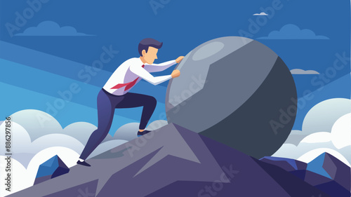 Ambitious Businessman Pushing Heavy Boulder Uphill, Demonstrating Perseverance, Grit, and Persistence in Achieving Success and Goals