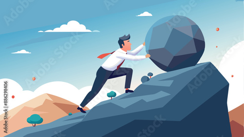 Ambitious Businessman Pushing Heavy Boulder Uphill, Demonstrating Perseverance, Grit, and Persistence in Achieving Success and Goals