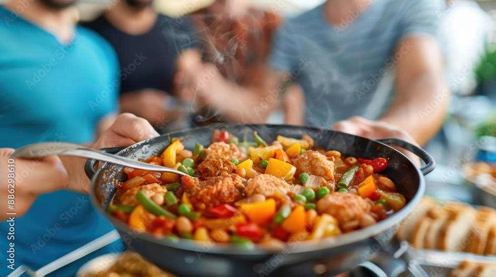 A group of friends share a colorful, steaming dish serving from a pan, embodying the joy of togetherness, culinary delight, and the warmth of social dining experiences. A group of friends share a colorful, steaming dish serving from a pan, embodying the joy of togetherness, culinary delight, and the warmth of social dining experiences.