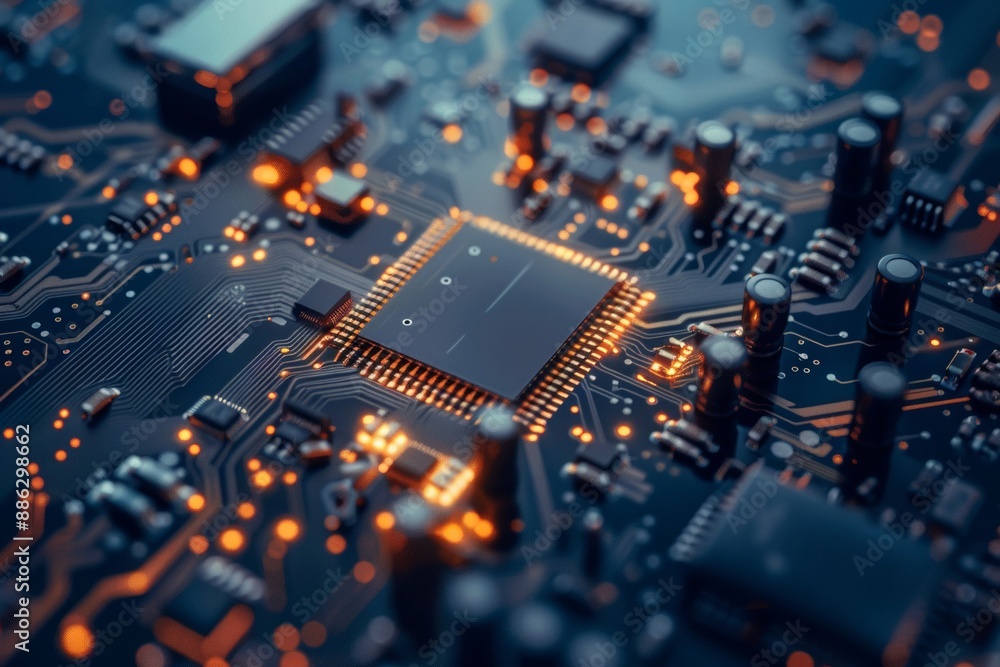 An extreme close-up macro shot of a small microprocessor or microcontroller chip mounted on a generic modern desktop PC computer motherboard An extreme close-up macro shot of a small microprocessor or microcontroller chip mounted on a generic modern desktop PC computer motherboard
