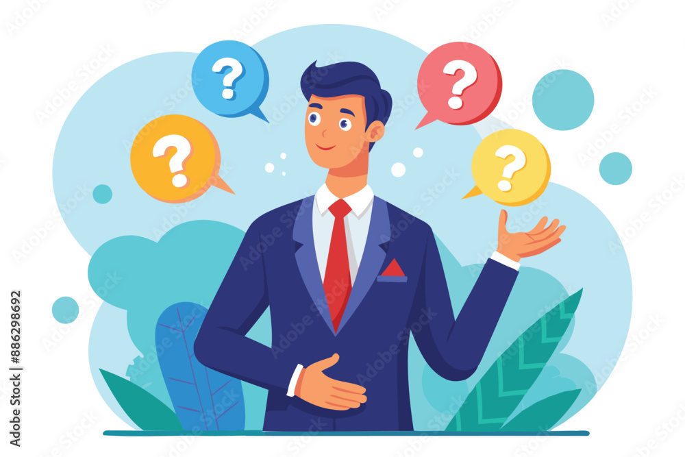 Confident Businessman Speaking Question Mark, Seeking Answers and Support for Work Problems Confident Businessman Speaking Question Mark, Seeking Answers and Support for Work Problems