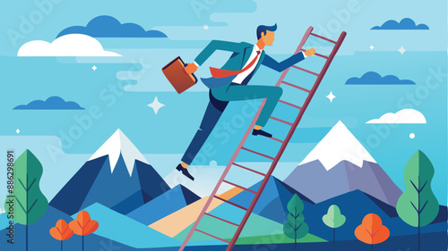 Determined Businessman Climbing Challenging Ladder to Achieve Success