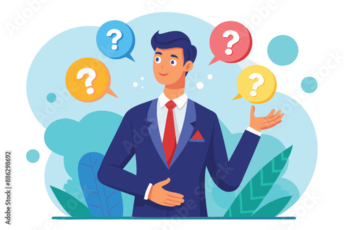 Confident Businessman Speaking Question Mark, Seeking Answers and Support for Work Problems