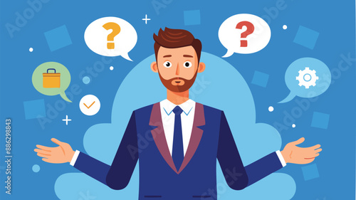 Confident Businessman Speaking Question Mark, Seeking Answers and Support for Work Problems