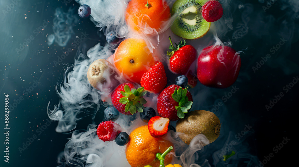Strawberries, blueberries, raspberries and kiwi slices, an apple, an orange and a broken one are falling down in thick white smoke on a black background Strawberries, blueberries, raspberries and kiwi slices, an apple, an orange and a broken one are falling down in thick white smoke on a black background