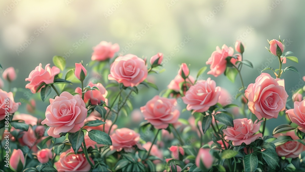 Abundance of Pink Roses in Sunlit Garden Abundance of Pink Roses in Sunlit Garden