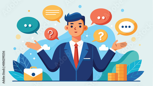 Confident Businessman Speaking Question Mark, Seeking Answers and Support for Work Problems