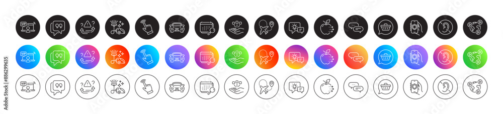 No hearing, Shopping cart and Airplane line icons. Round icon gradient buttons. Pack of Vacuum cleaner, Consolidation, Security app icon. Calendar, Cursor, Video conference pictogram. Vector No hearing, Shopping cart and Airplane line icons. Round icon gradient buttons. Pack of Vacuum cleaner, Consolidation, Security app icon. Calendar, Cursor, Video conference pictogram. Vector