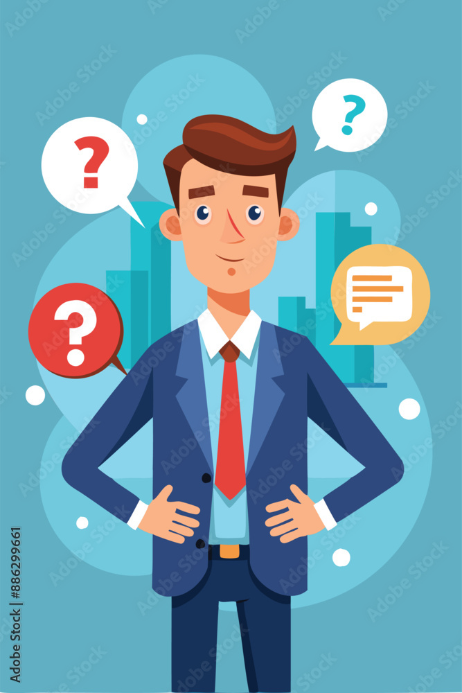 Confident Businessman Speaking Question Mark, Seeking Answers and Support for Work Problems Confident Businessman Speaking Question Mark, Seeking Answers and Support for Work Problems