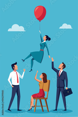 Candidates grabbing for vacancy chair floating with balloon, HR recruitment concept for job opportunity