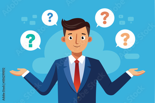 Confident Businessman Speaking Question Mark, Seeking Answers and Support for Work Problems