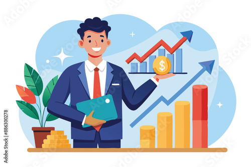 Confident Investor Holding Rising Profit Growth Graph, Showcasing Investment Success, Financial Advising, and Wealth Management Strategies