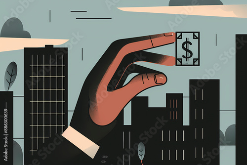 A hand delicately pinching a tiny dollar bill, symbolizing tight financial control and meticulousness, set against a backdrop of a city skyline under a clouded sky. photo