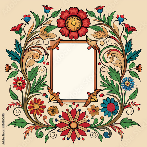 a medieval floral frame with illuminated manuscript style flowers and ornate details