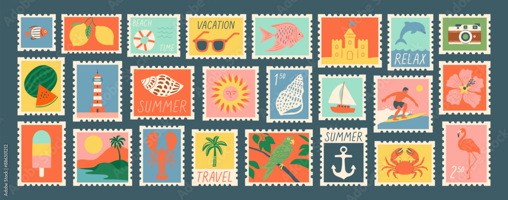 custom made wallpaper toronto digitalSet of vintage summer post card stamp illustration. Retro style beach vacation postage sticker collection, summertime season mail postmark, tourism postal label.