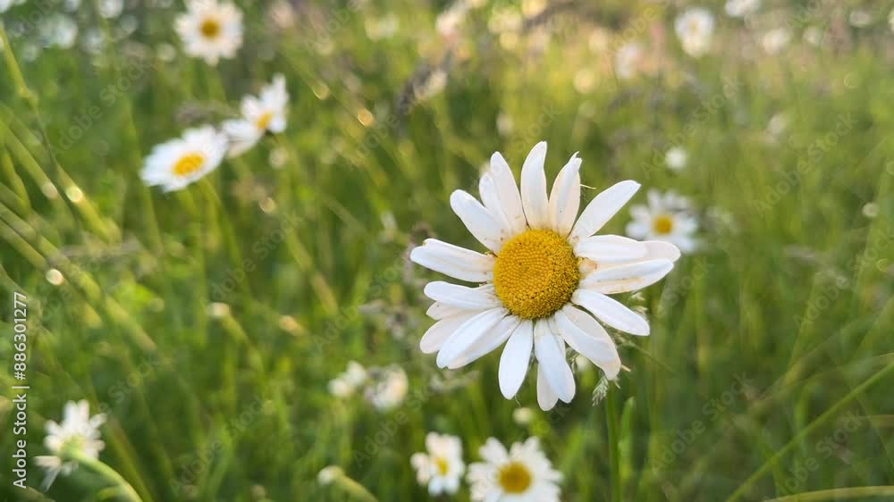 Chamomile on a summer meadow nature panoramic landscape. Sunlight field of daisies flowers close-up. Illuminated by the evening sun Spring vibes. Blooming white flower in the grass background. Chamomile on a summer meadow nature panoramic landscape. Sunlight field of daisies flowers close-up. Illuminated by the evening sun Spring vibes. Blooming white flower in the grass background.