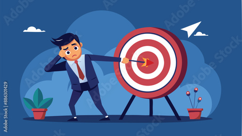 Archery Failure: Disappointed Businessman Misses Target, Losing Opportunities and Facing Despair