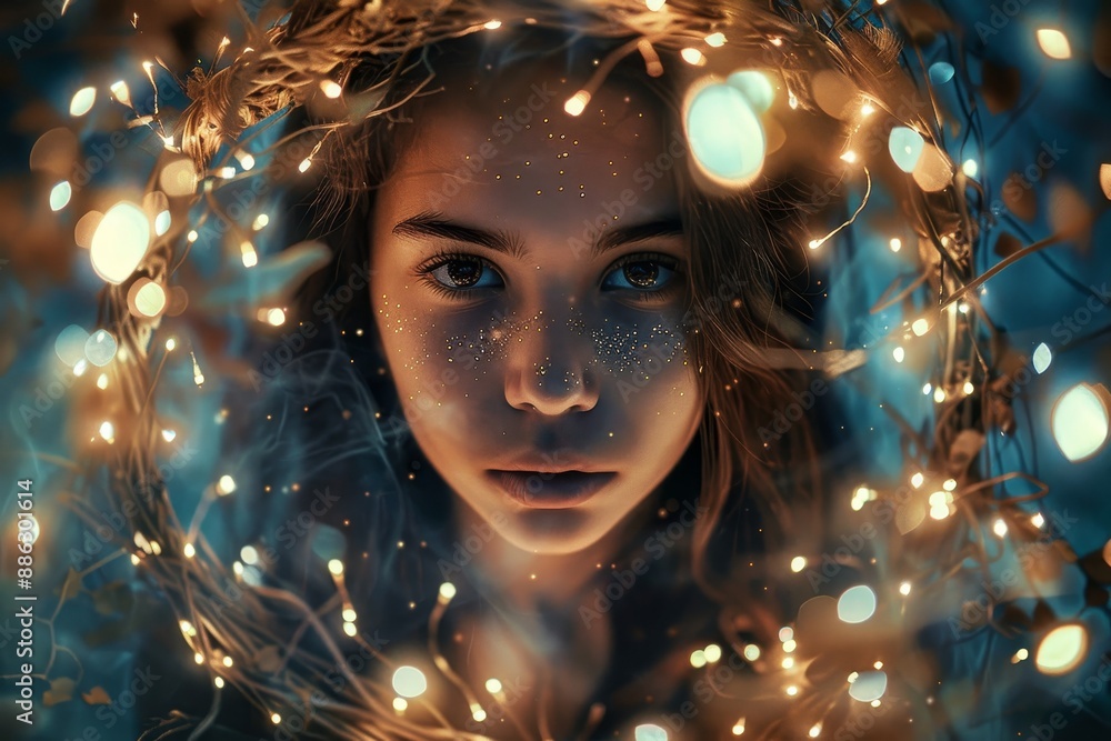 A woman is wearing a wreath of glowing lights around her head in a mystical setting, Create an otherworldly portrait of a mystical creature surrounded by a halo of glowing fairy lights A woman is wearing a wreath of glowing lights around her head in a mystical setting, Create an otherworldly portrait of a mystical creature surrounded by a halo of glowing fairy lights