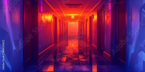 Bachelor Party Flyer Cartoon-Style Design in an Empty Corridor with Glowing Lamps. Concept Bachelor Party, Flyer Design, Cartoon-Style, Empty Corridor, Glowing Lamps