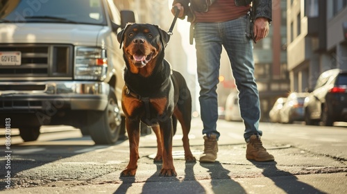 Rottweiler on a Leash in the City