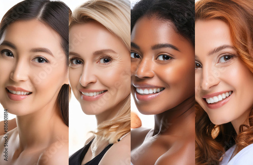 Close Up Portrait Of Four Diverse Women Smiling With White Background