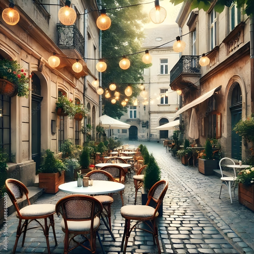 Fototapeta premium 街灯が灯るロマンチックなカフェテラス