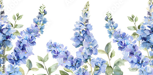 Fototapeta Naklejka Na Ścianę i Meble -  watercolor pressed delphinium flowers, white background, blue and purple colors, seamless pattern on the entire canvas
