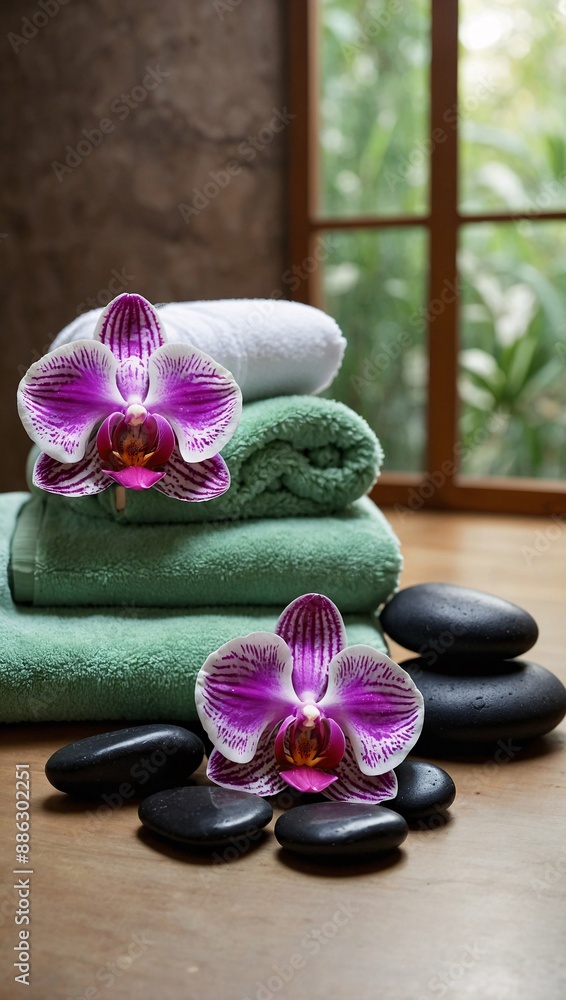 Tranquil spa ambiance featuring orchids, towels, and massage stones Tranquil spa ambiance featuring orchids, towels, and massage stones