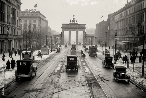 Panoramic Black and White Photograph of Berlin in the 1920s with Historical Architecture and Vintage Cars