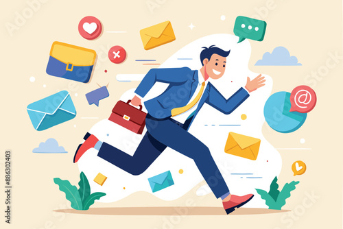 Businessman running away from annoying pop-up notifications and online message sounds, escaping marketing and advertising disturbances