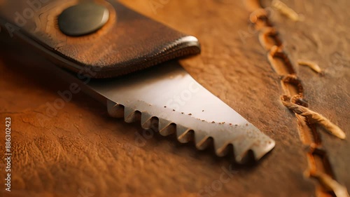 A closeup of a leather beveler its sharp blade creating beveled edges on a piece of leather adding a professional touch to any project. photo