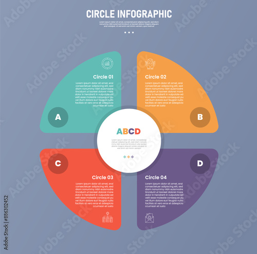 4 point circle infographic stage or step template with big circle matrix structure and small circle on center for slide presentation