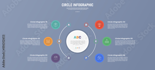6 point circle infographic stage or step template with circle center and others half circle line connection for slide presentation
