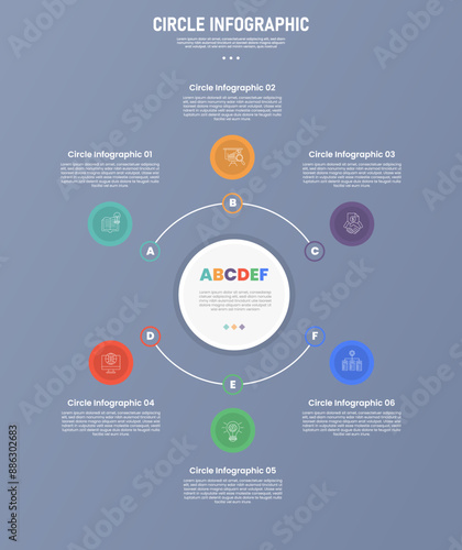 6 point circle infographic stage or step template with circle line connection up and down for slide presentation