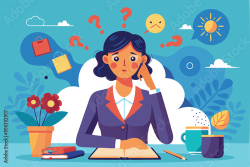 Confused Businesswoman Struggling with Brain Fog, Mental Exhaustion, Work Anxiety, and Stress