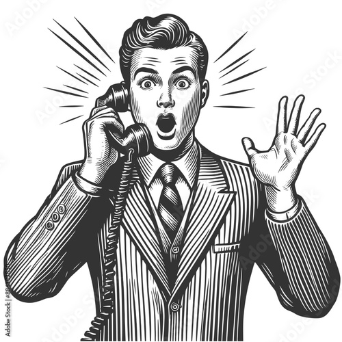 shocked businessman man in suit speaking vintage telephone surprised expression sketch engraving generative ai fictional character vector illustration. Scratch board imitation. Black and white image