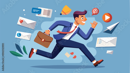 Businessman running away from annoying pop-up notifications and online message sounds, escaping marketing and advertising disturbances