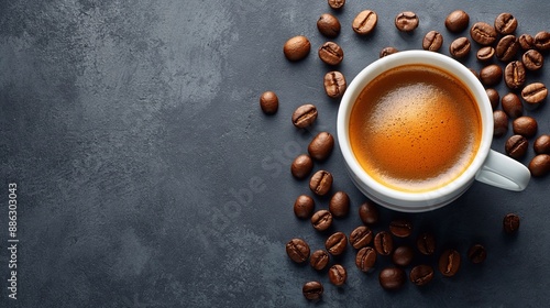 Top view cup of coffee and coffee beans on black background with copyspace