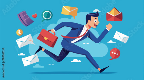 Businessman running away from annoying pop-up notifications and online message sounds, escaping marketing and advertising disturbances