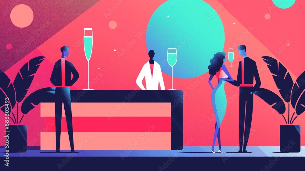 A futuristic party with holographic decorations, guests in sleek, sci-fi inspired outfits, and an overall enigmatic and festive atmosphere, flat design illustration A futuristic party with holographic decorations, guests in sleek, sci-fi inspired outfits, and an overall enigmatic and festive atmosphere, flat design illustration
