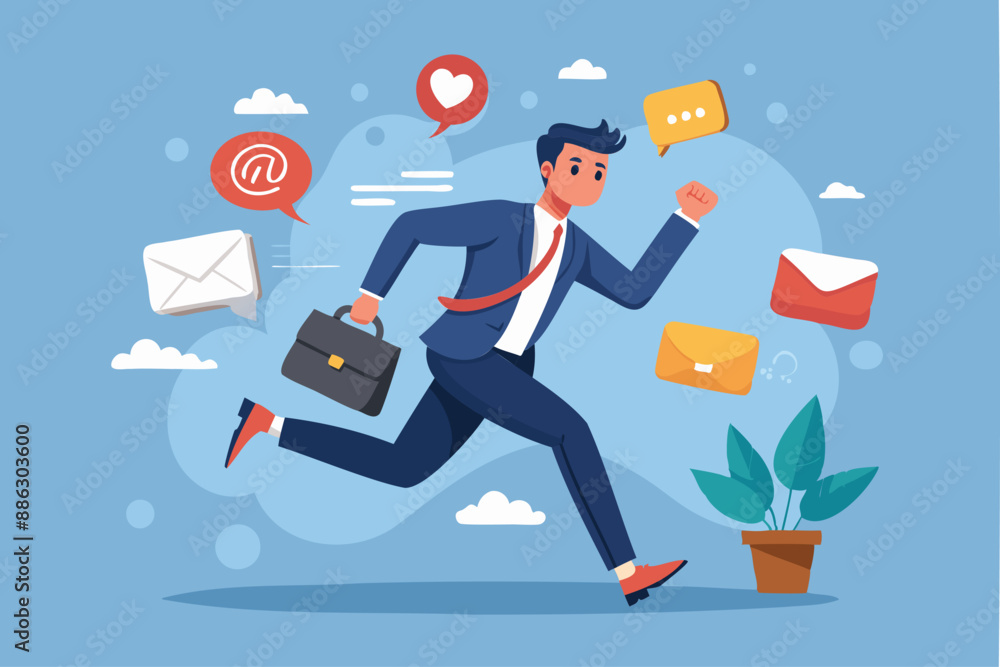 Businessman running away from annoying pop-up notifications and online message sounds, escaping marketing and advertising disturbances Businessman running away from annoying pop-up notifications and online message sounds, escaping marketing and advertising disturbances