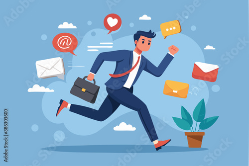 Businessman running away from annoying pop-up notifications and online message sounds, escaping marketing and advertising disturbances