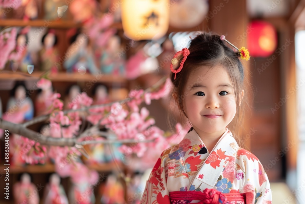 Close-up of Young Girl in Kimono with Hinamatsuri Doll Display and Cherry Blossoms in Traditional Festive Atmosphere Close-up of Young Girl in Kimono with Hinamatsuri Doll Display and Cherry Blossoms in Traditional Festive Atmosphere