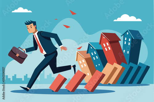 Businessman Running from Collapsing Housing Domino, Depicting Real Estate Market Crash