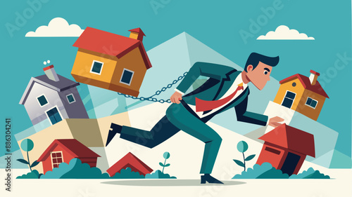 Businessman Running from Collapsing Housing Domino, Depicting Real Estate Market Crash